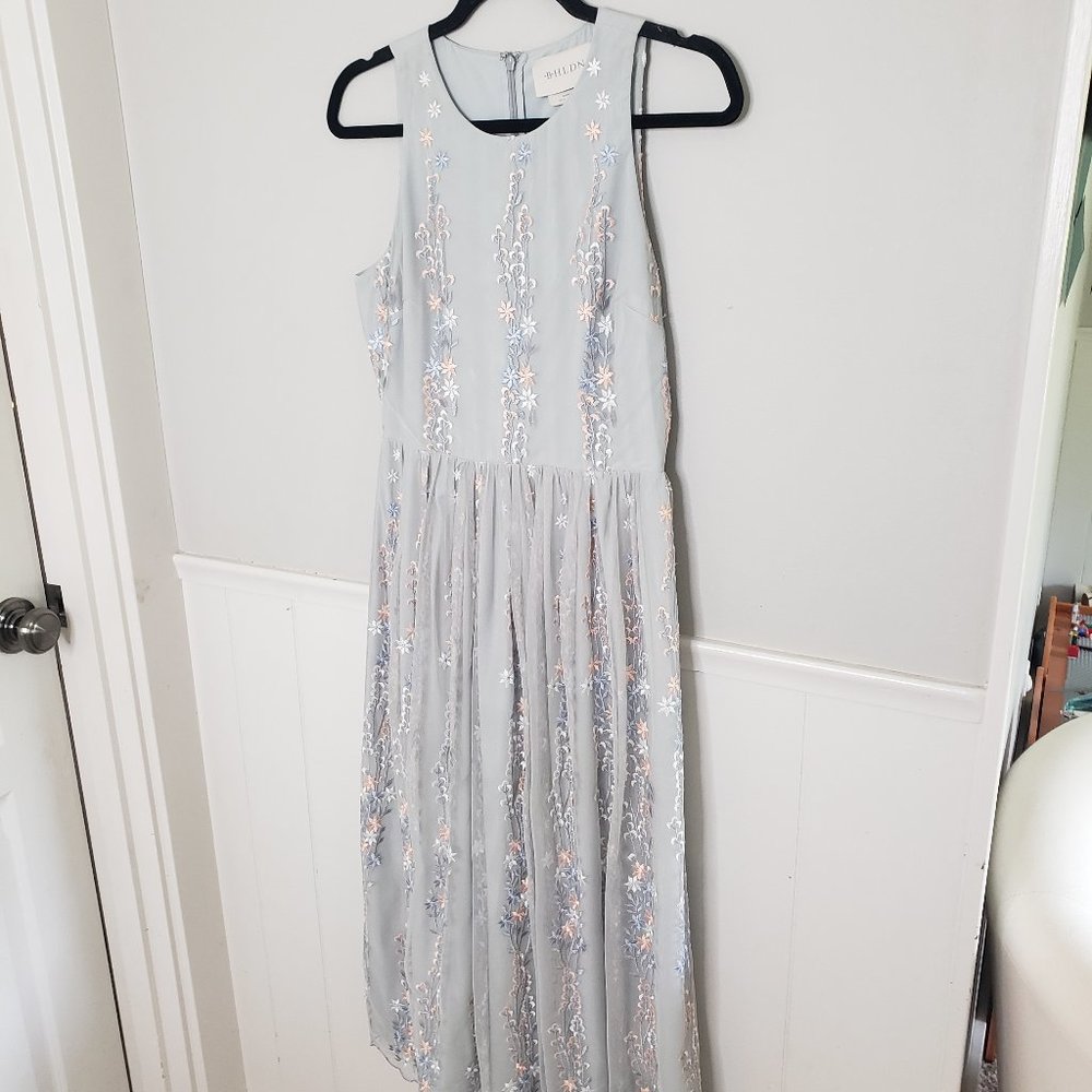 BHLDN Parsons Dress Light Gray/Silver Dress with Floral Embroidery - Picture 3 of 11